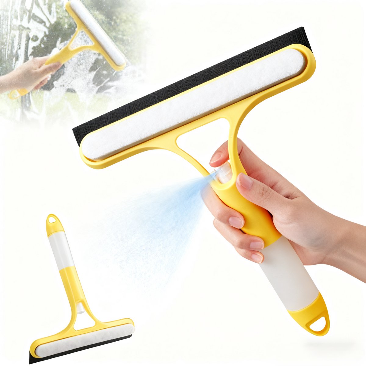 Namajunas - Vloerwisser - Vloertrekker - Douchetrekker - Vloerwisser badkamer - Trekker met Steel - 3 in 1 Vloertrekkers met spraysfles en poetsdoek - Multifunctionele waterschuiver - voor Douche, Auto, Spiegels, Tegels en Ramen - Geel