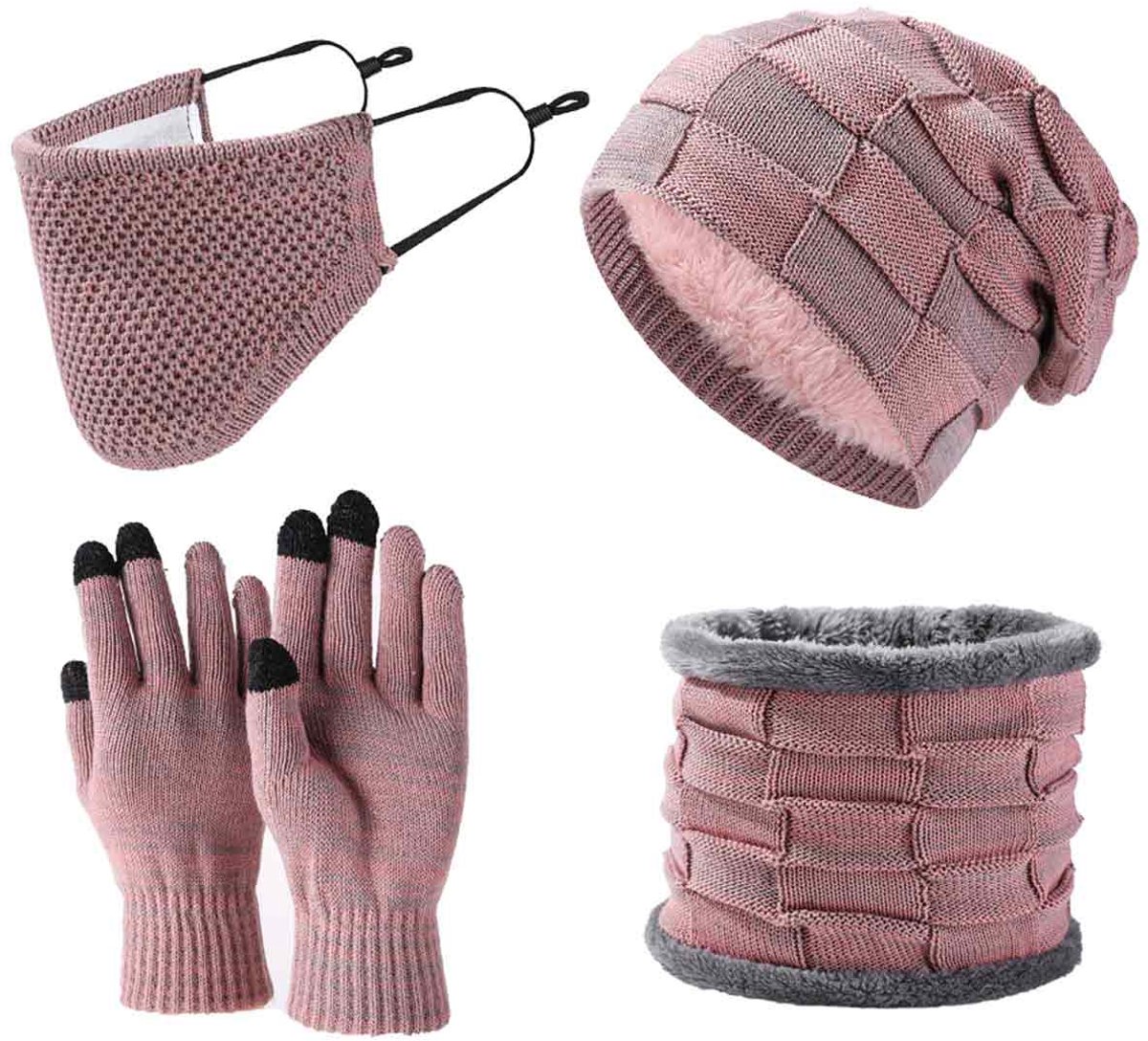4-delige Winter Set - Gebreide Muts, Sjaal, Gezichtsmasker en Handschoenen - Dames en Heren - Roze - Warme Fleecevoering
