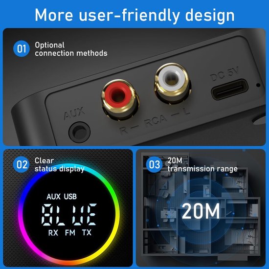2-in-1 Bluetooth 5.4-zender en -ontvanger - Draadloze audioadapter met 3,5 mm AUX- en USB-aansluitingen - voor pc/smartphone/tablet/AV-ontvanger van Nillkin — afbeelding 3
