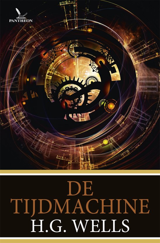 Boekomslag 'De Tijdmachine' van H.G. Wells met tandwielen en tijdseffecten.