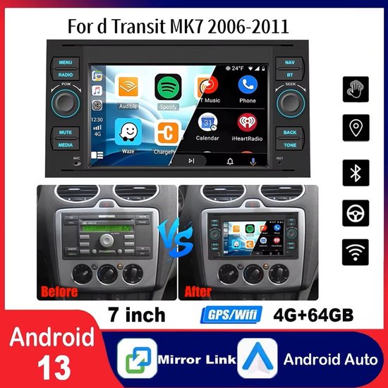 Autoradio Bluetooth - 4+64G Android 15 Car Stereo voor Ford Transit MK7 2006-2011 Ingebouwde Draadloze CarPlay Android Auto 7 Inch Car Radio met GPS WiFi Bluetooth FM SWC Mirror Link Split Screen + AHD Backup Camera
