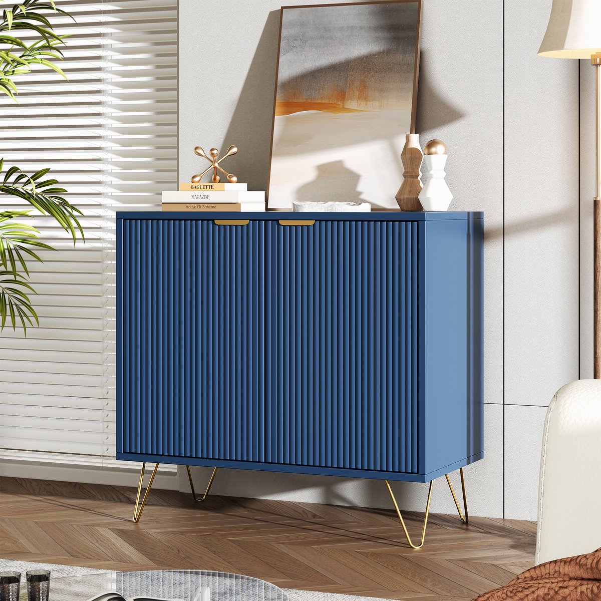 Blauwe Dubbele Deur Kast 80x40x78 cm – Moderne Opbergkast met Gouden Poten voor Slaapkamer, Woonkamer of Hal