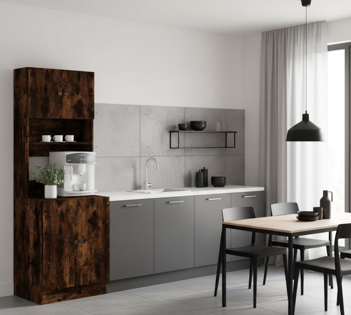 Keukenkast gerookt eiken 60x50x180 cm – multifunctionele opbergkast met deuren en lade voor keuken, restaurant of kantoor – duurzaam bewerkt hout – Novihome