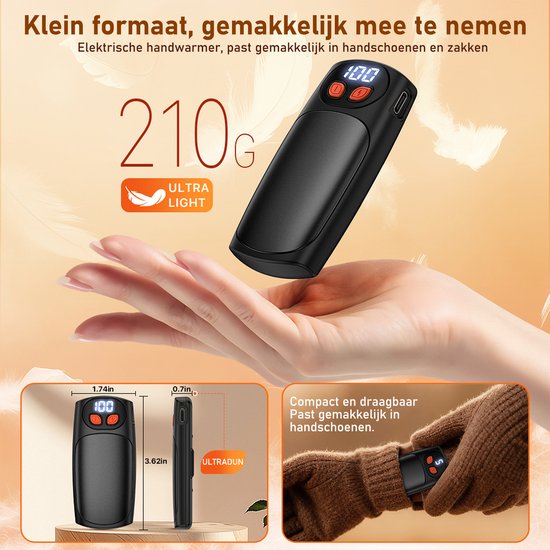 Compacte zwarte handwarmer in een hand met "ULTRA LIGHT" tekst. Afmetingen: 3.62in x 1.74in x 0.7in.
