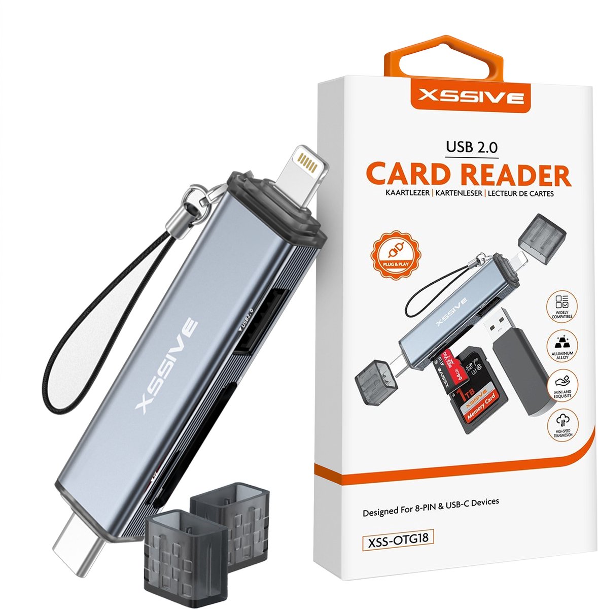 Xssive SD Kaart Lezer - Kaartlezer geschikt voor iPhone, iPad & MacBook - MicroSD, USB stick & SD Geheugenkaartlezer - Aluminum