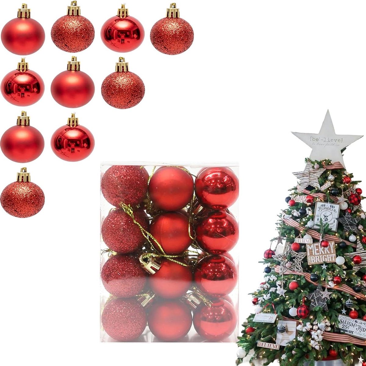Set van 12 rode kerstballen voor feestelijke kerstboomdecoratie met merkloos design.