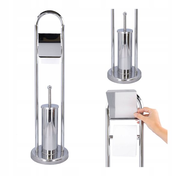 Relaxdays toiletaccessoiresset universeel, toiletrolhouder, borstel & borstelhouder, met vakje, 360° draaibaar, chroom