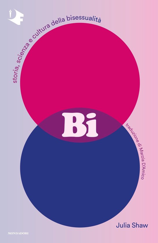 Boek met de tekst "Bi" in het midden, omringd door roze en blauwe cirkels. "Storia, scienza e cultura della bisessualità" staat er in een boog omheen.