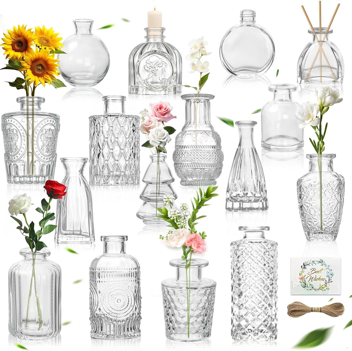 Famanu – Mini glazen vazenset van 16 stuks, vintage stijl, decoratieve bloemenvazen met jutekoord, geschikt voor keuken, eetkamer, woonkamer en badkamer