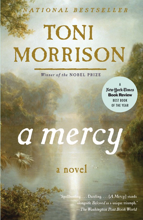 Boekcover 'A Mercy' van Toni Morrison, winnaar Nobelprijs, met een landschap van water en bomen.