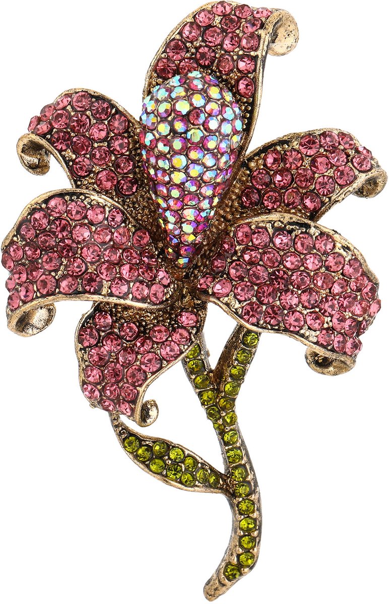 Broche bloem - Michelle Bijoux - Dames broche - Dames sieraden - Broche met bloem - Fuchsia - Stainless Steel (verkleurt niet!) - Kerst sieraden - Kerst cadeau - Sinterklaas - Moederdag - Valentijn - Broches - December cadeau
