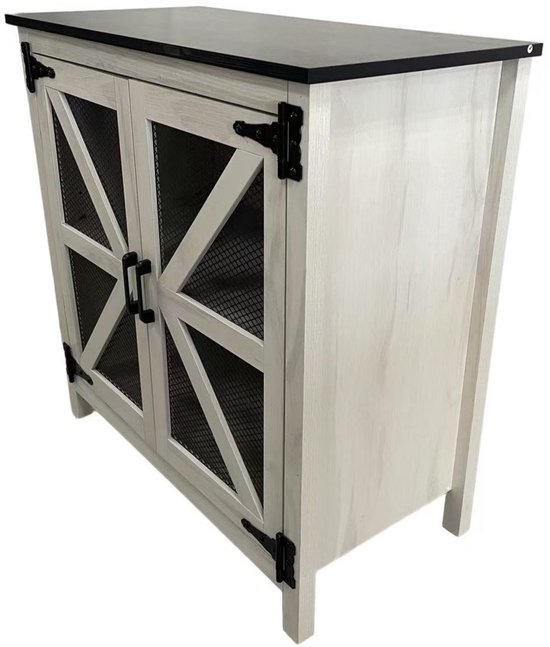 Armoire de Rangement à Portes Doubles Blanc MDF PB Mélamine Grillage Métallique Style Industriel Salon Chambre Cuisine 80x40x80cm