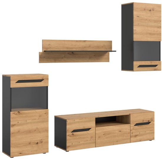 Set meubels in eiken decor met grijze accenten, bestaande uit een vitrinekast, een wandrek, een hoge kast en een tv-meubel.
