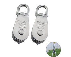 2-stuks katrol - M25 enkel katrolblok - Robuuste roestvrijstalen hardware - Vaste katrol met hefwiel - Draaibare hijsinstallatie met enkel wiel - Draagvermogen 150 kg - Geschikt voor staalkabels, kranen, auto's en machines - Zilver
