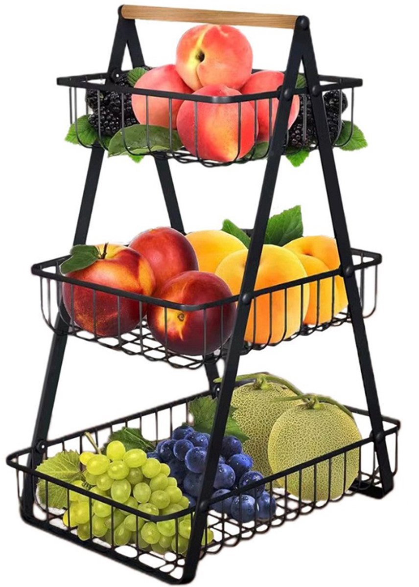 3-laags metalen fruit- en groentemand, zwart, met houten handvat