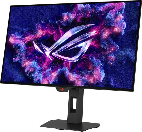 ASUS ROG Strix OLED monitor, schuin van voren gezien, met een gedetailleerde abstracte achtergrond.