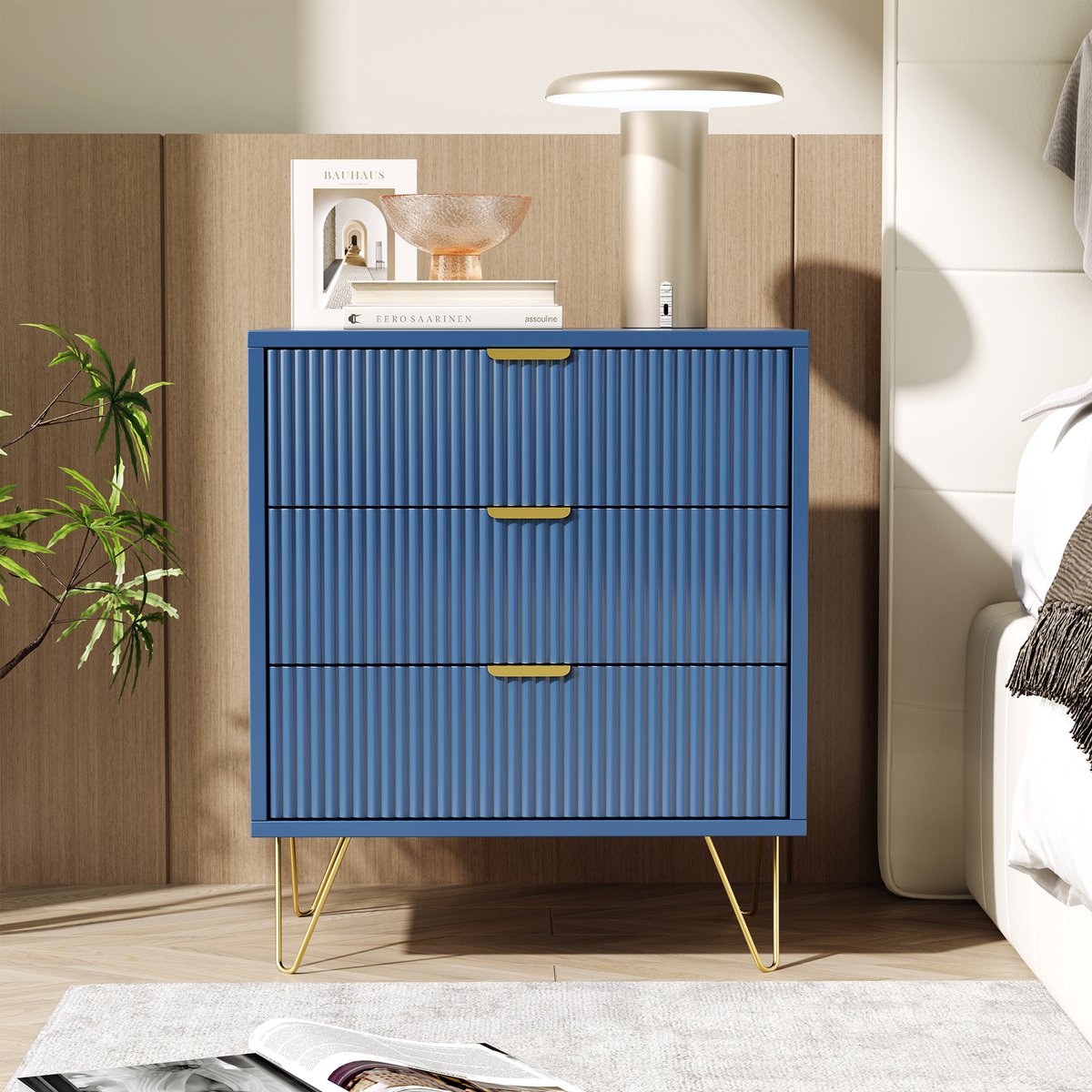 ROSAHQNDA Marineblauwe ladekast met 3 lades, ladekast, bijzettafel voor woonkamer, hal of gang, slaapkamerkast, archiefkast, 60 L x 40 B x 70 H cm