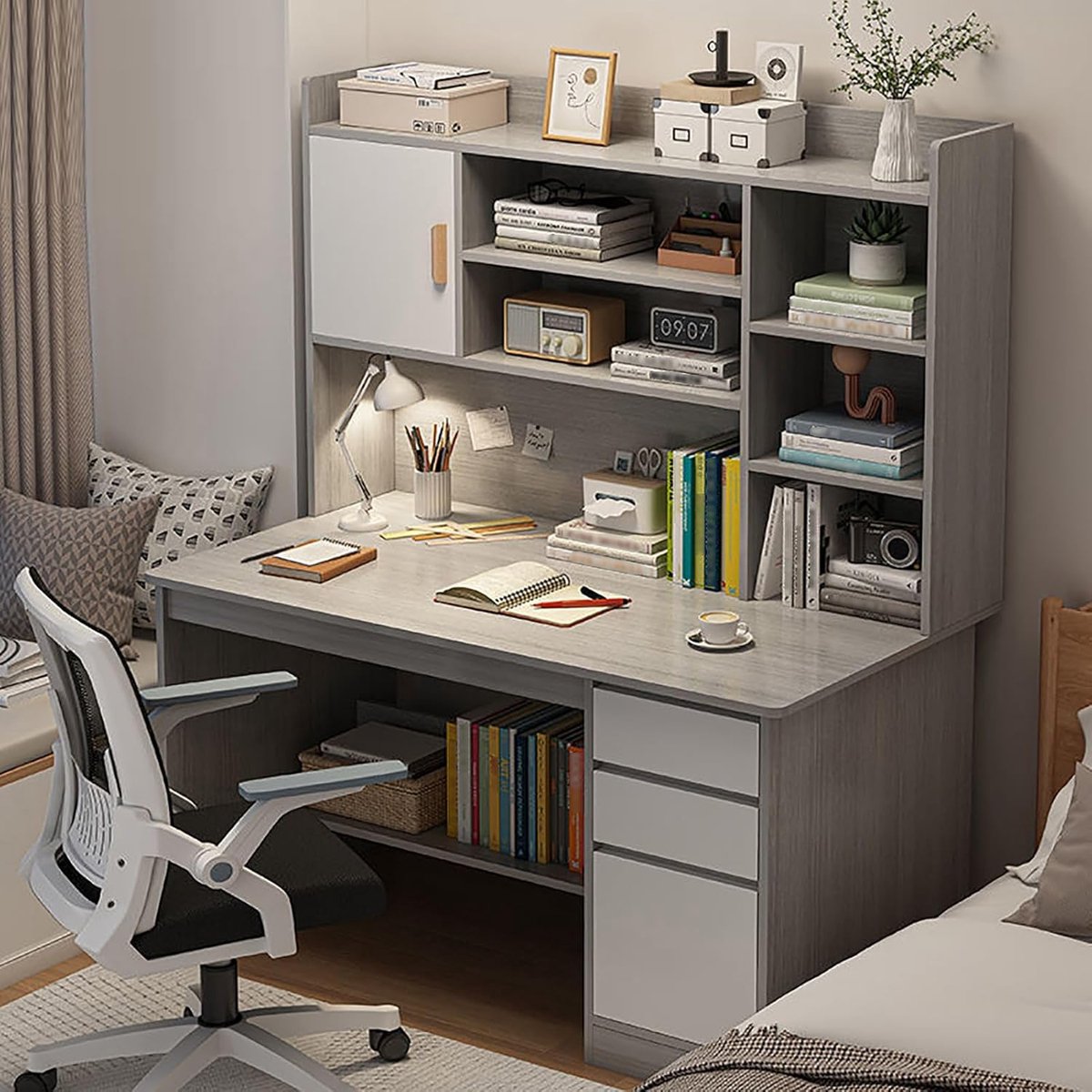 Modern Multifunctioneel Thuiskantoorbureau met Lades, Planken en Opbergruimte – Computertafel, Schrijfbureau, Werkstation en Boekenplank voor Thuiswerk, Studeren en Office 120x45x164 cm – Grijs Houten Design – Meda Home Store