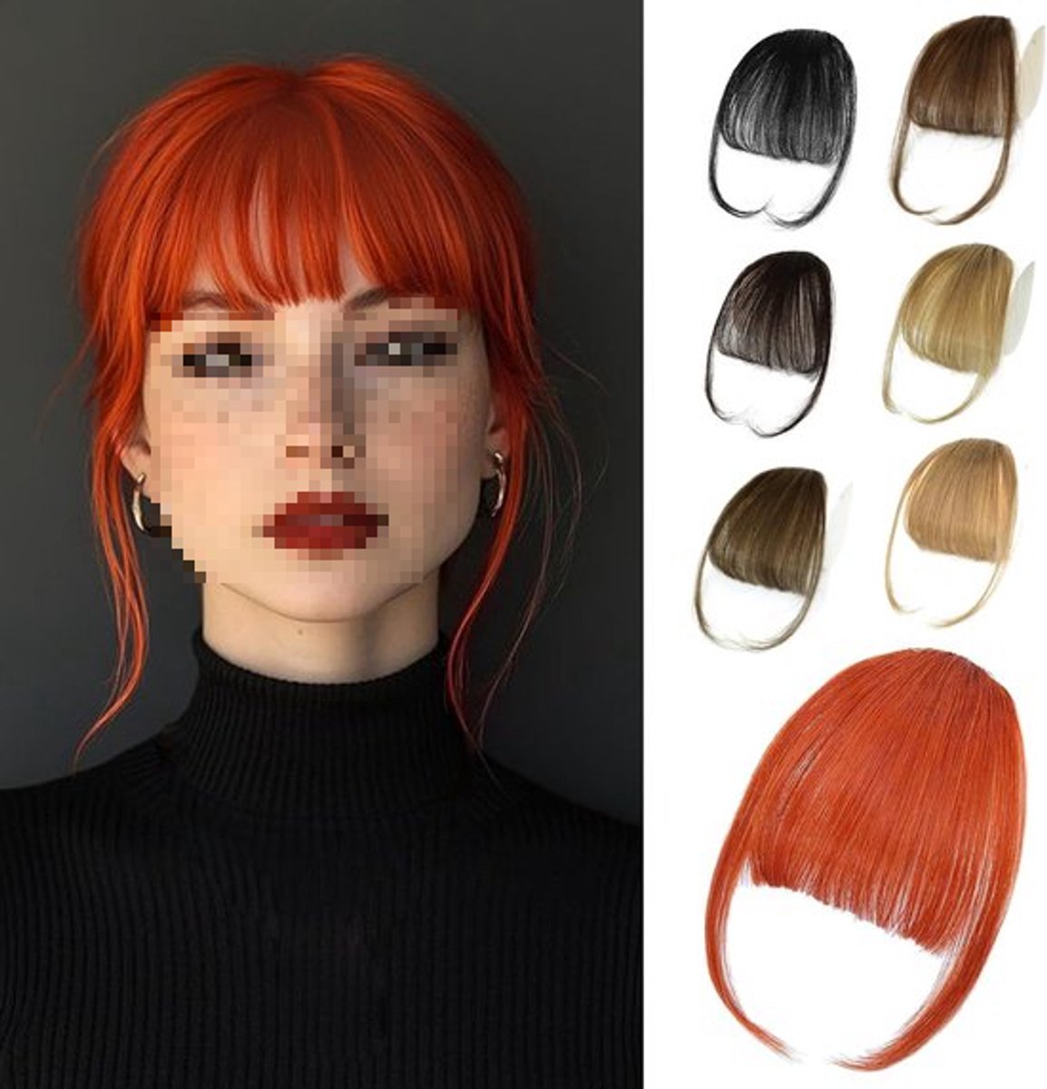 Oranje pony pruik met bakkebaarden handgeweven voorhoofd slanke pony vrouwelijk 25cm