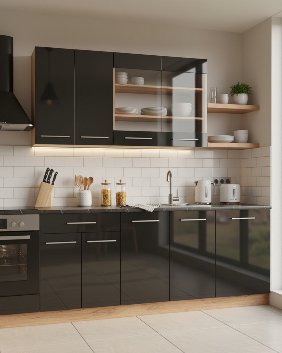 Single Keukenblok 140x60x82 cm – Moderne Antraciet Hoogglans Keuken met Werkblad in Goud Eiken – Compacte Eenpersoonskeuken met Soft-Close Laden & Metalen Handgrepen – Novihome