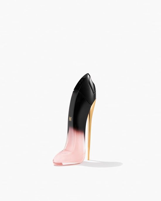 Zwarte en roze stiletto parfumfles met gouden hak.