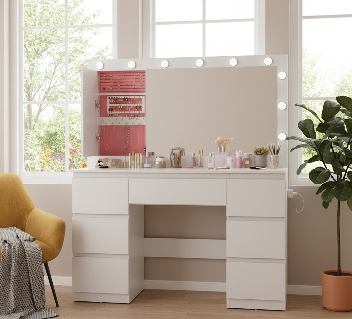 Elegante Luxe Make-uptafel met LED-verlichting en Grote Spiegel 120 x 40 x 140 cm – Novihome