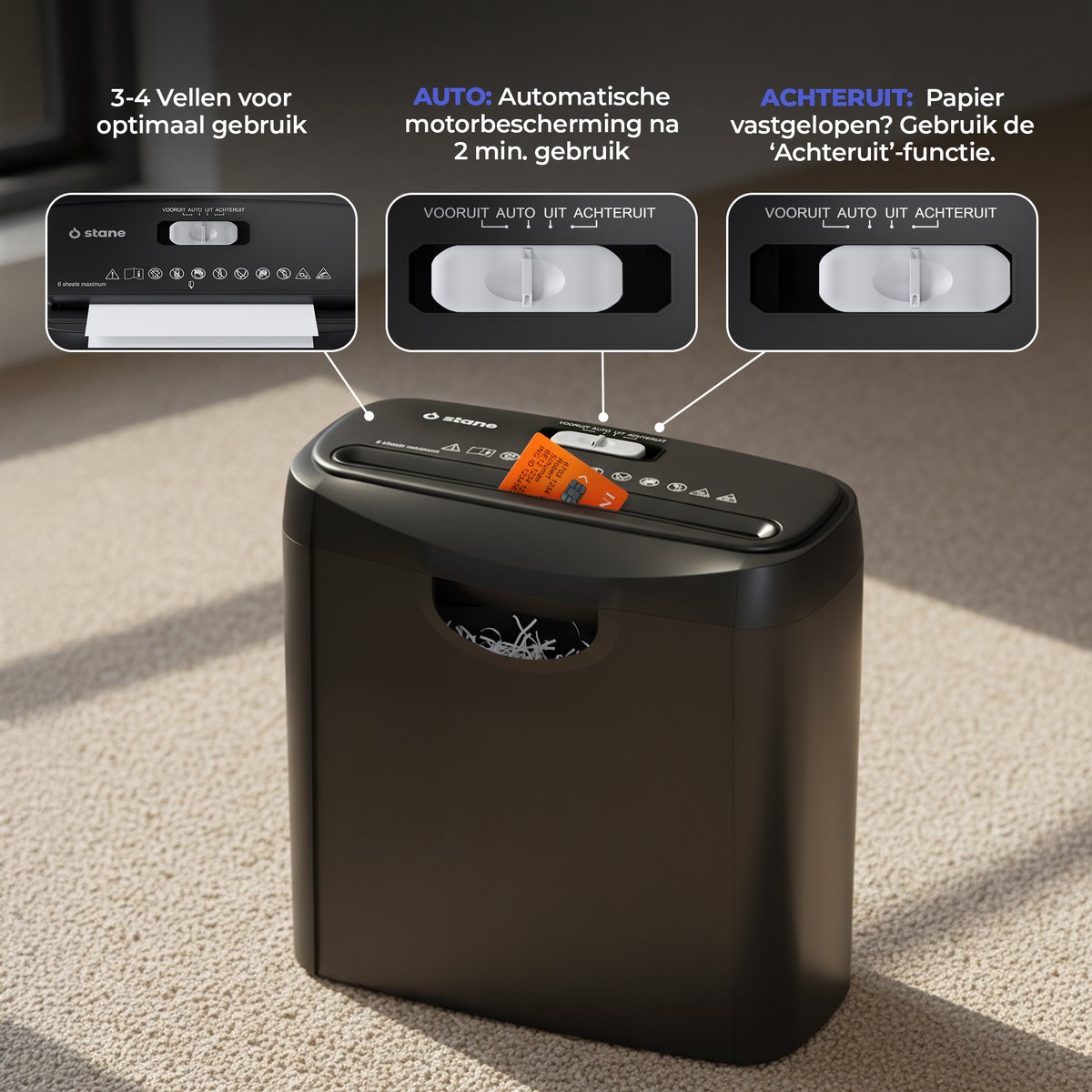 Stane Papierversnipperaar – Papiervernietiger voor Thuis en Kantoor – Shredder Vernietigt Creditcard - Versnipper 6 A4 Vellen in 1 Keer – 10L OpvangBak - Zwart thumbnail 6