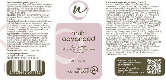 Verpakking met informatie over Multi Advanced, complete vitamine & mineralen formule, 90 capsules. Met barcode.
