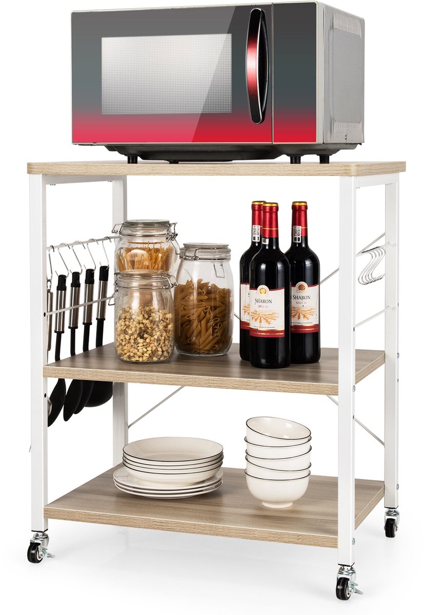 COSTWAY Serveerwagen, 3 niveaus, rolwagen met verstelbare plank en 10 afneembare haken, keukentrolley met wielen, keukenrolwagen voor keuken, eetkamer, bar en restaurant, 60 x 40 x 73 cm (natuur)