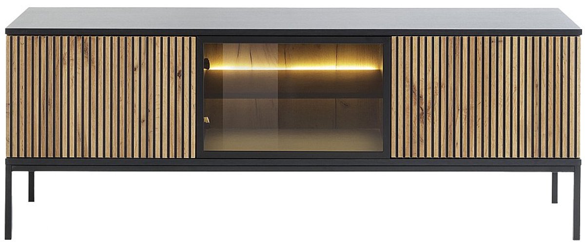Vente-unique Tv-meubel met 3 deurtjes met ledverlichting van MDF en gerookt glas - Zwart en naturel - OVILA Zwart, Natuurlijk licht
