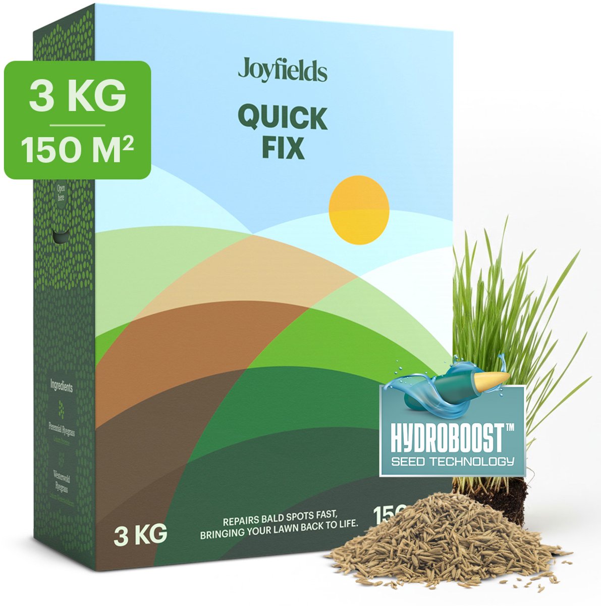 Joyfields Quick Fix - Gazonherstel graszaad - 3 kg voor 150 m² - Kale plekken herstellen - Razendsnelle vestiging - Kiemt al vanaf 6°C - Voorkomt onkruid - Met Hydroboost-coating