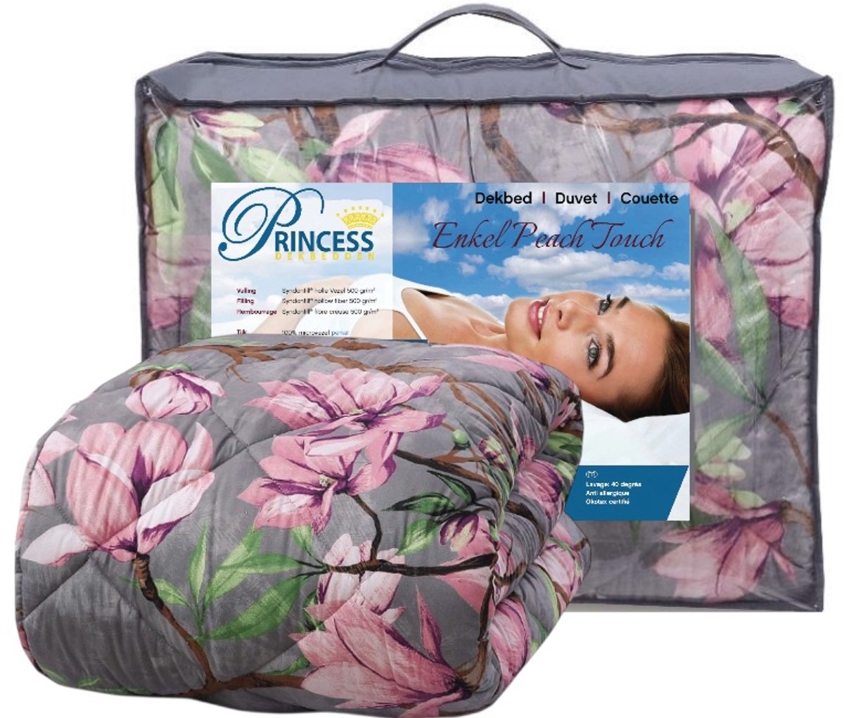 Princess Eazy Wasbaar - Bedrukt dekbed - 2-in-1 Zonder Overtrek - Eenpersoons Extra lang -140x220 cm - Grijs met Roze Bloemen - Inclusief Kussensloop - Zacht, Warm en Luxe - Magnolia Print