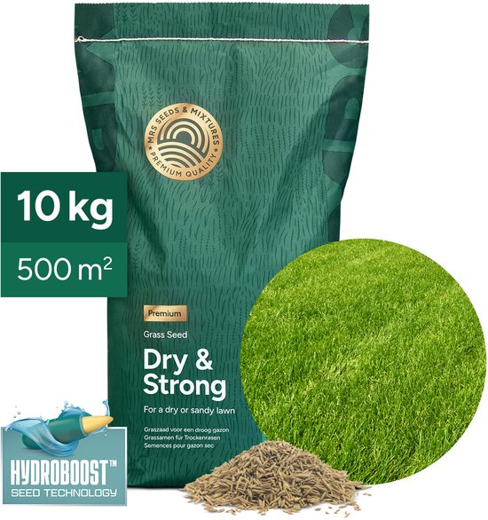 Zak 'Dry & Strong' graszaad van 10 kg voor 500 m², met Hydroboost-technologie en een hoopje zaad.