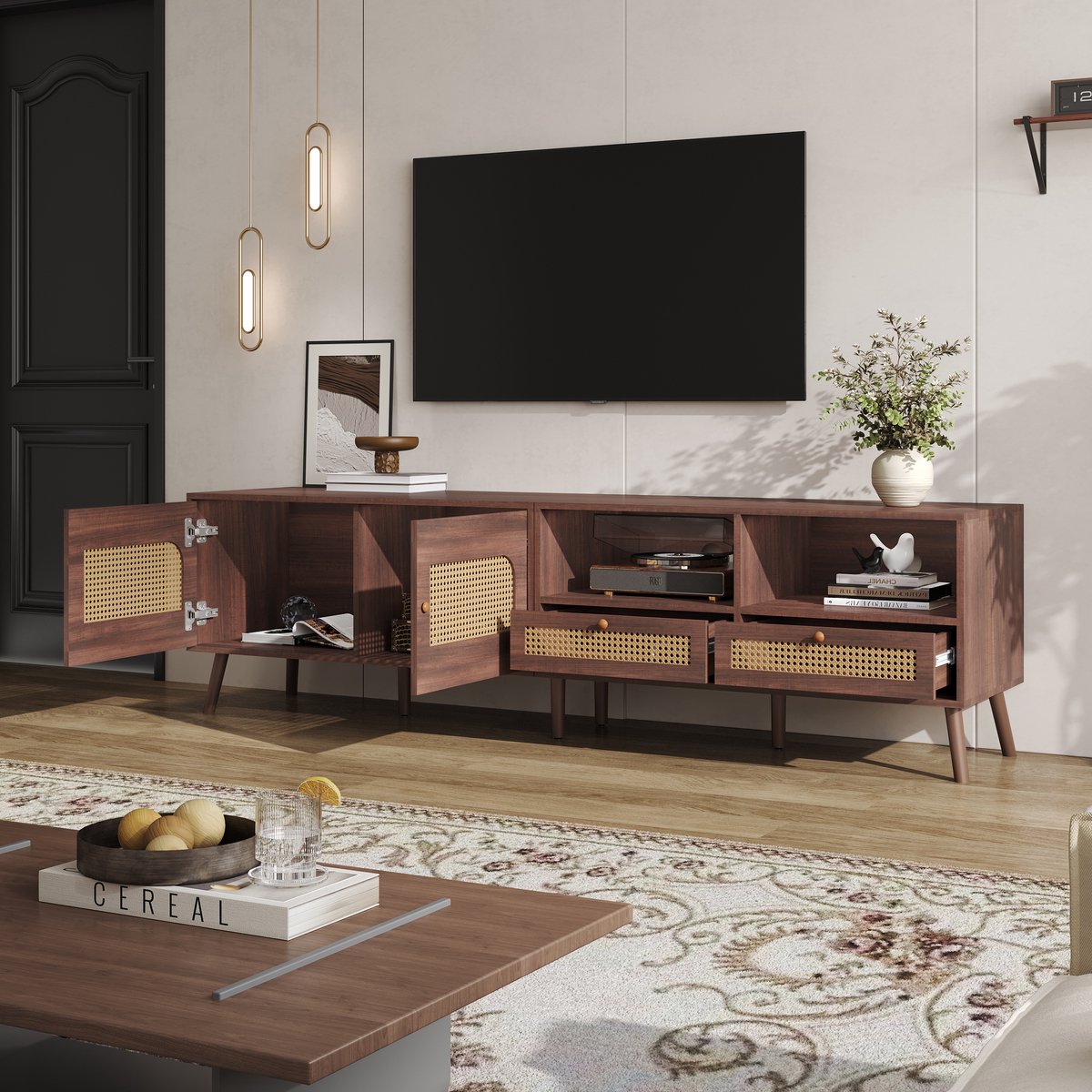 Tv-meubel van 200x37x49,5 cm met 2 rieten deuren - 2 lades - laag kastje met 8 poten - bruin modern entertainmentcentrum