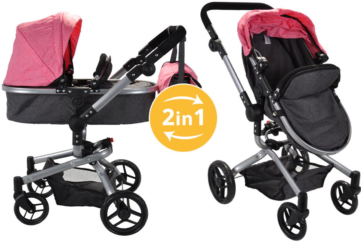 Bol.com Bandits & Angels Poppenwagen Classic Angel 2in1 Roze vanaf 3 jaar - Poppenbuggy - Voor Meisjes - Verstelbare Duwstang 48... aanbieding