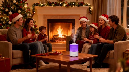 Een groep vrienden en familie, in kerstmutsen, zitten rond een haardvuur met een luchtbevochtiger met paarse mist op tafel.