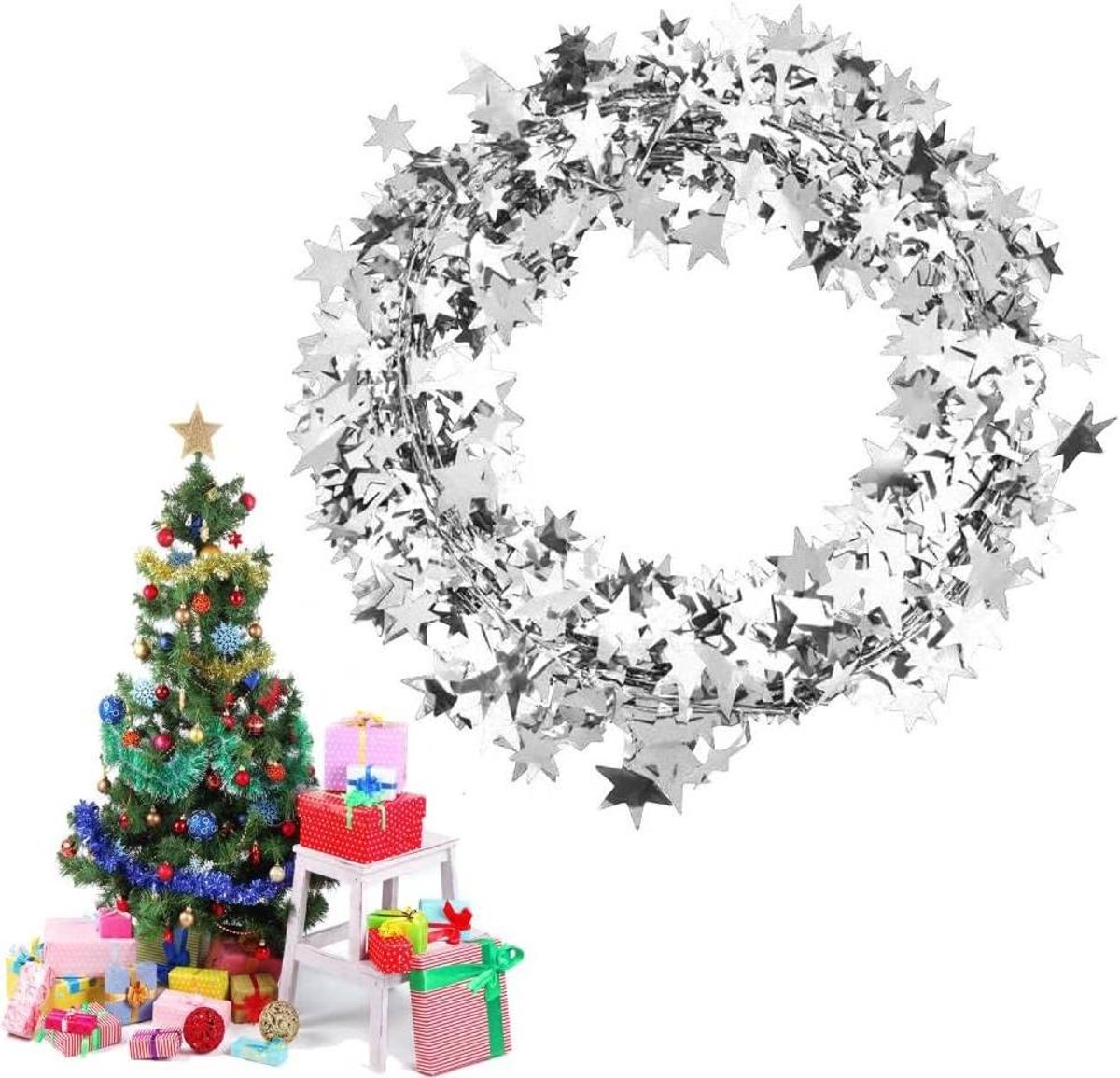 SPHProducts - Lametta Sterrenkrans voor Kerstdecoraties - 7.5m Glitter Garland - Feestelijke decoratie - Kleurige versiering - Perfect voor kerstversie...
