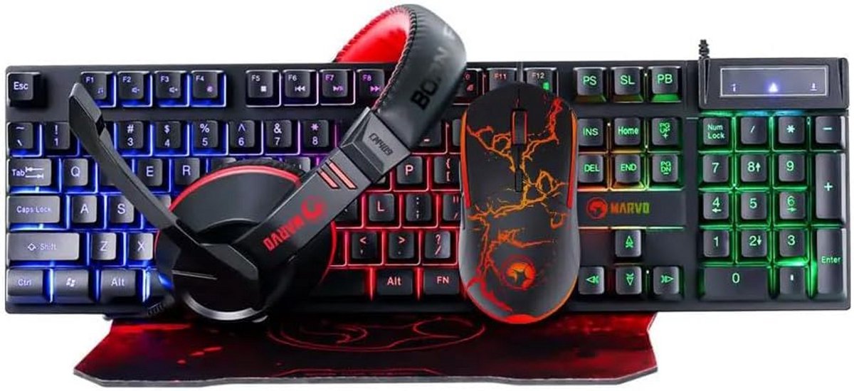 4-in-1 Gaming Set Inclusief Toetsenbord, Headset, Muis en Muispad met LED-Verlichting