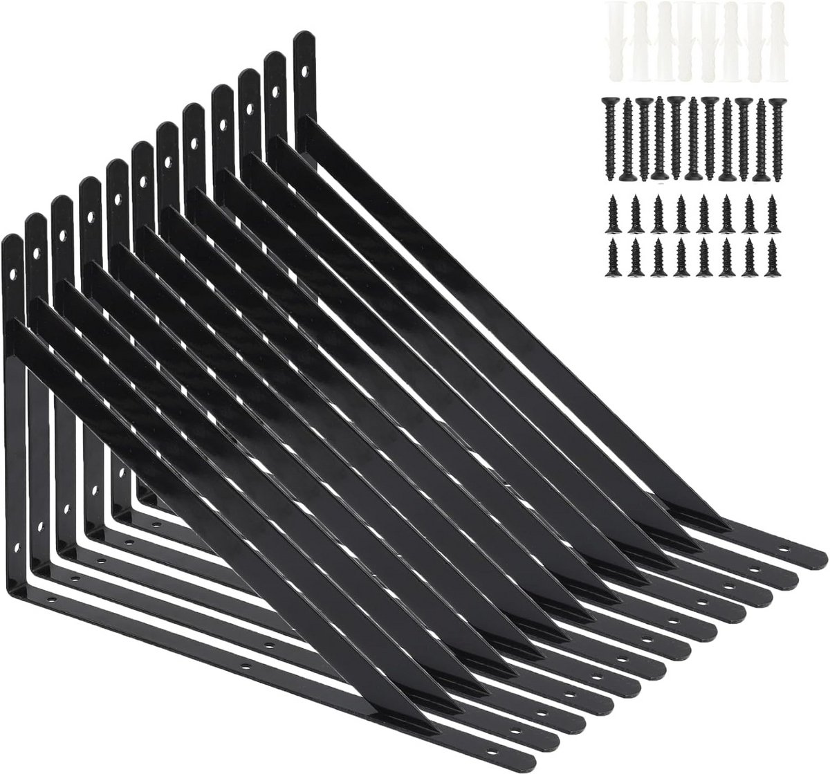 12x Stevige Plankdragers Zwart Metaal 400x250mm - 90 Graden Hoeksteunen Inclusief Schroeven