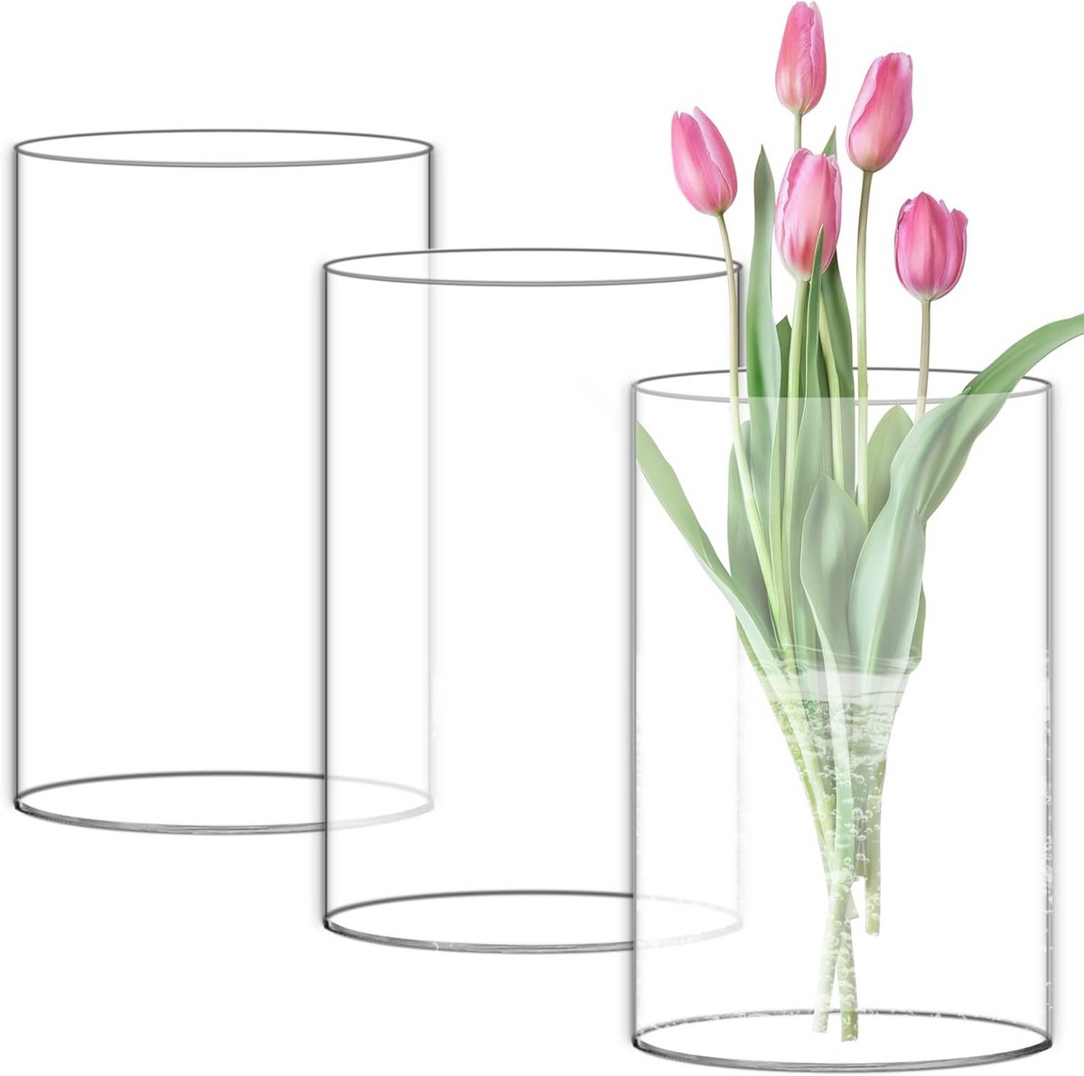 Set van 3 Hoge Glazen Vazens voor Bloemen, Ideaal voor Tafeldecoratie