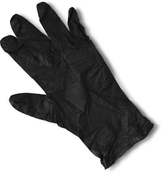 Zwarte nitrilhandschoen liggend op een witte achtergrond.
