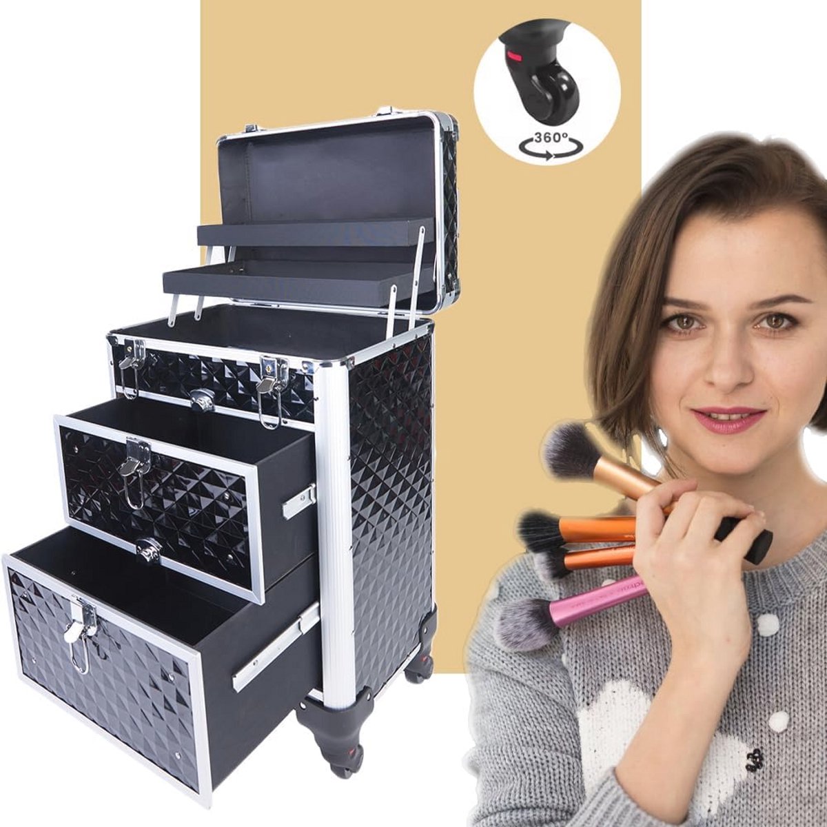 Professionele Make-up Koffer met Afneembare Wielen en Oleografie-Textuur
