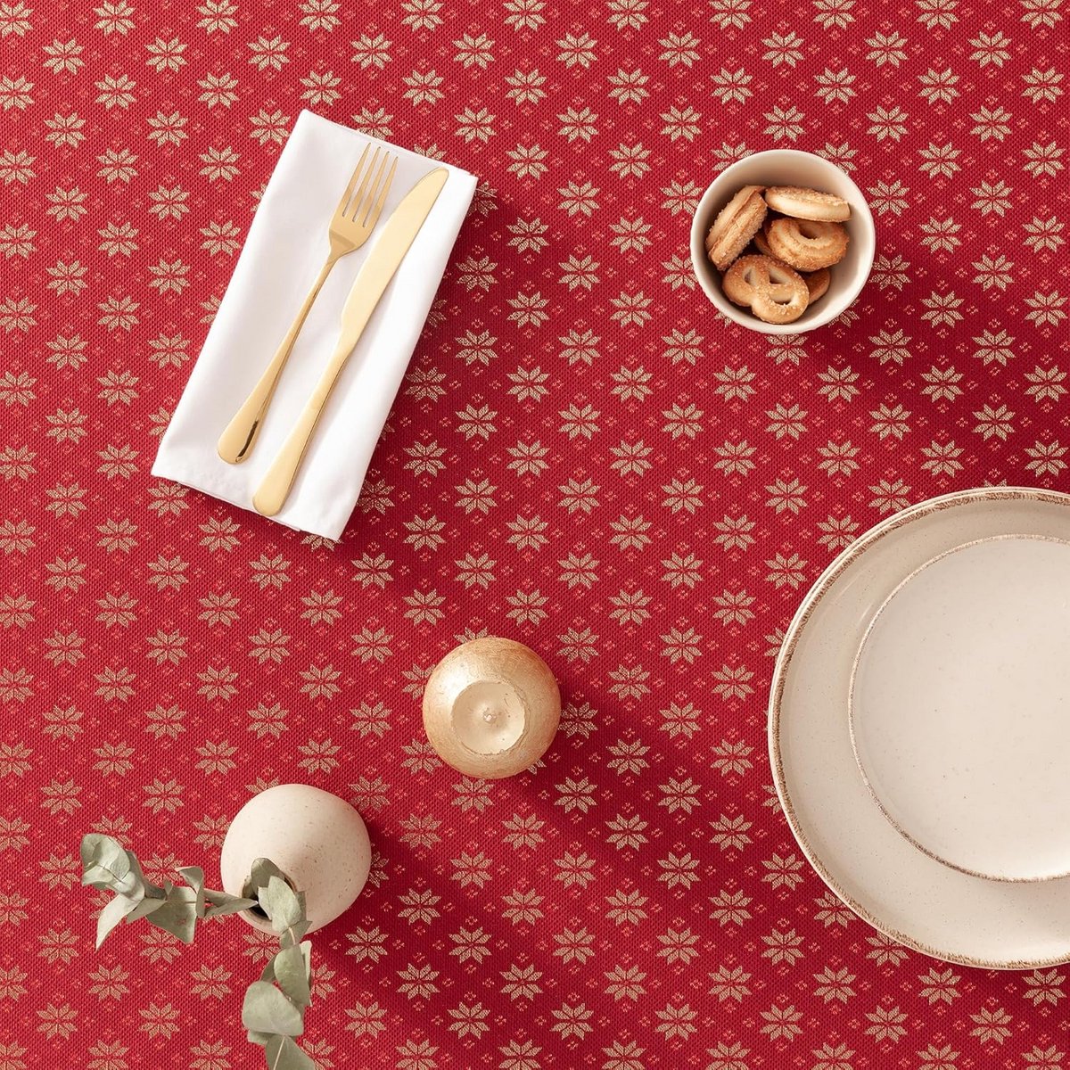 Kerst Tafelkleed Jacquard Rood en Goud Rechthoekig 140x240 cm Tafeldecoratie