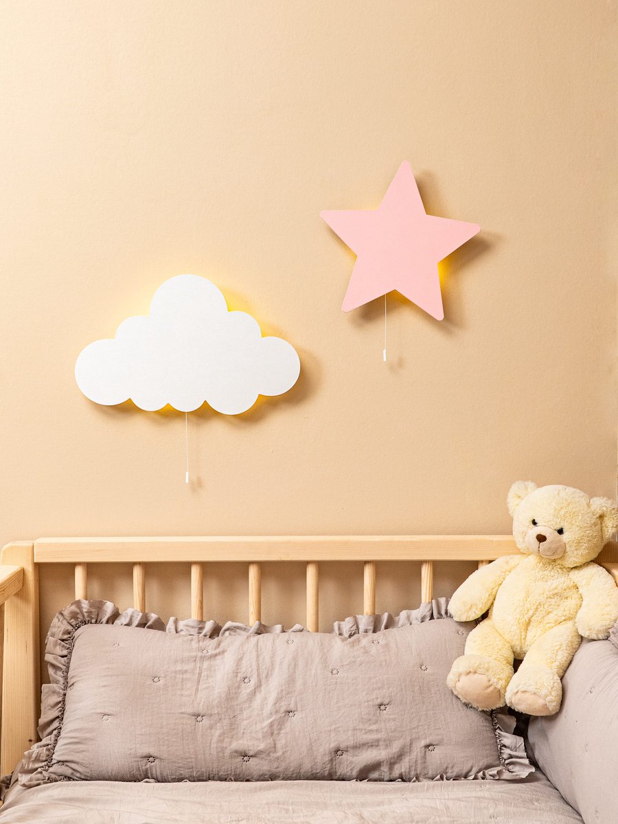 CozyCollections - Houten LED Nachtlamp - Wandlamp - Wolk & ster wandlamp set - Muurlamp - Kinderkamer - Baby
