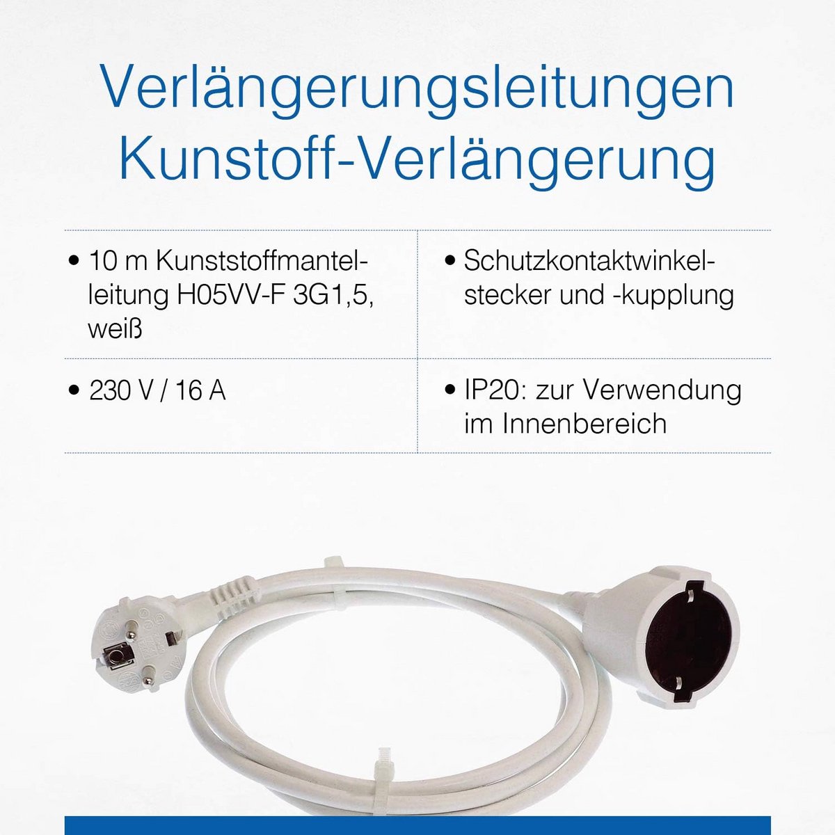 10 m PVC Verlängerungskabel met Schuko Stekker & Kupplung – 230 V / 16 A – IP20 – Wit