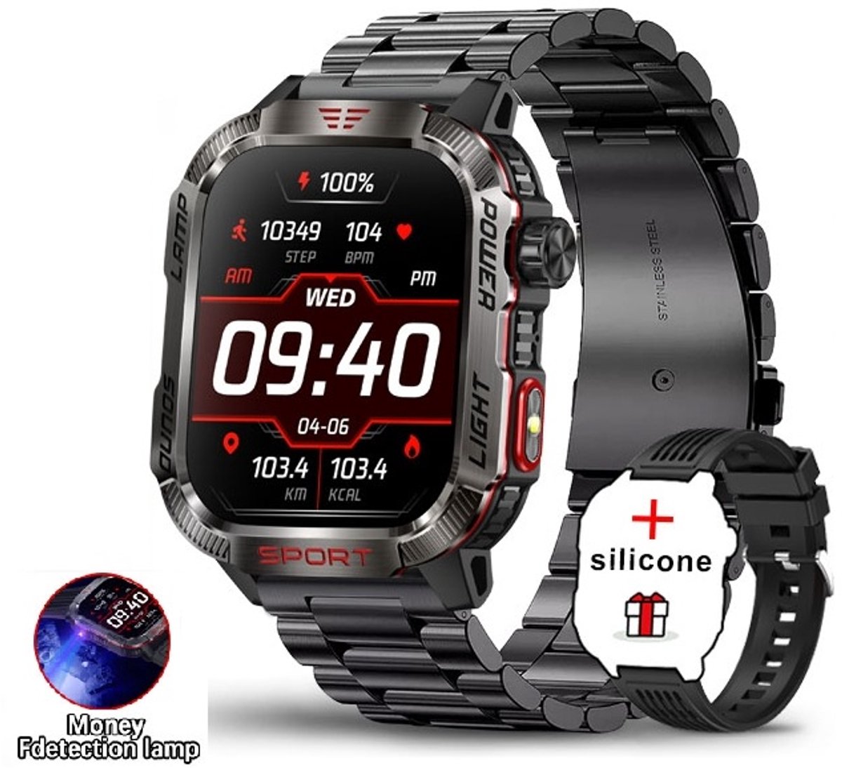 Knobbout Outdoor Smartwatch 2.01”Scherm Extra Groot Scherm– Militair Standaard Schok & Krasbestendig - Zaklamp + SOS - Kompas & Hoogtemeter - GezondheidsmonitorBluetooth Bellen - AI Spraakassistent - 600mAh -IP68 -zwart staal+ siliconen horlogeban