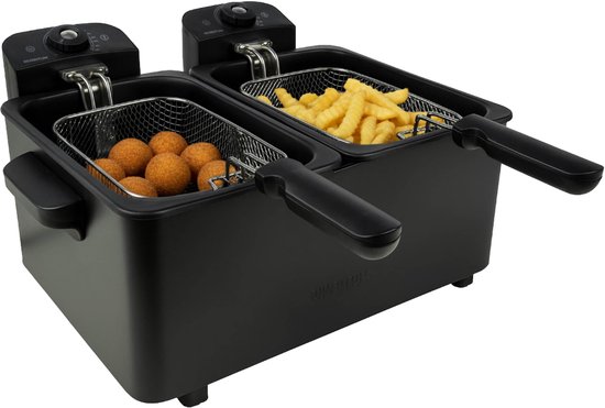 Inventum GF461B - Dubbele frituurpan - 2 x 2,5 liter - Tot 190 graden - 2 x 1800 watt - Koude zone - Friteuse - Zwart