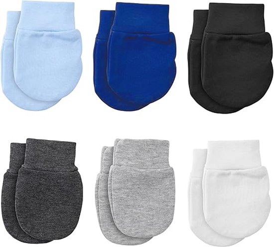 Baby Handschoenen - 6 Paar - Anti-Kras-Handschoenen - 9.5 X 7.5 Cm - Geschikt Voor 0-6 Maanden - Handschoenen - Gloves for Toddlers - Geschikt Voor Gebruik Binnenshuis of Buitenshuis - Lichtblauw, Koningsblauw, Zwart, Donkergrijs, Grijs, Wit