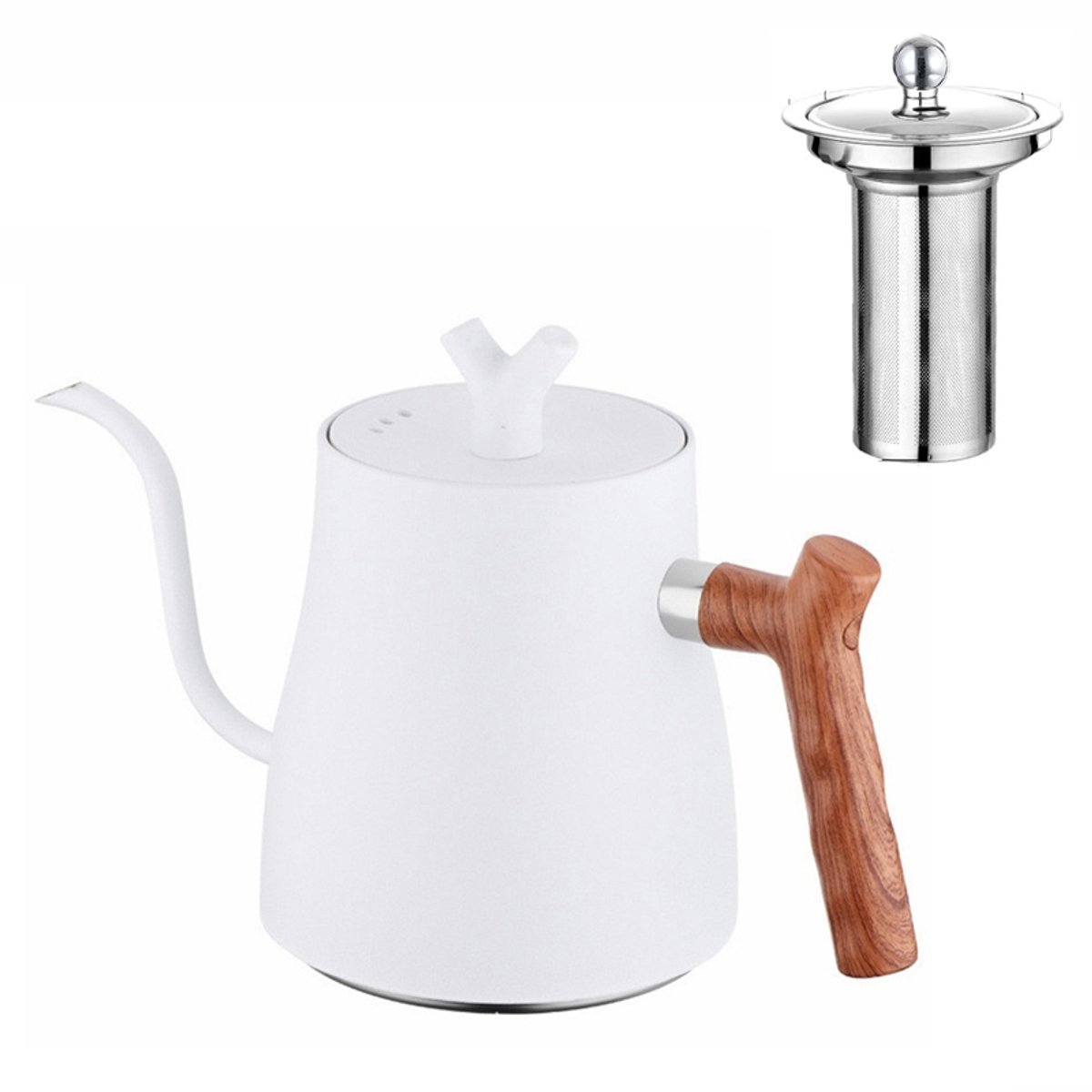 Theepot-dubbelwandig-Hout-RVS-met rvs Filter-Wit-Lange tuit-Theekan-1.5 Ltr