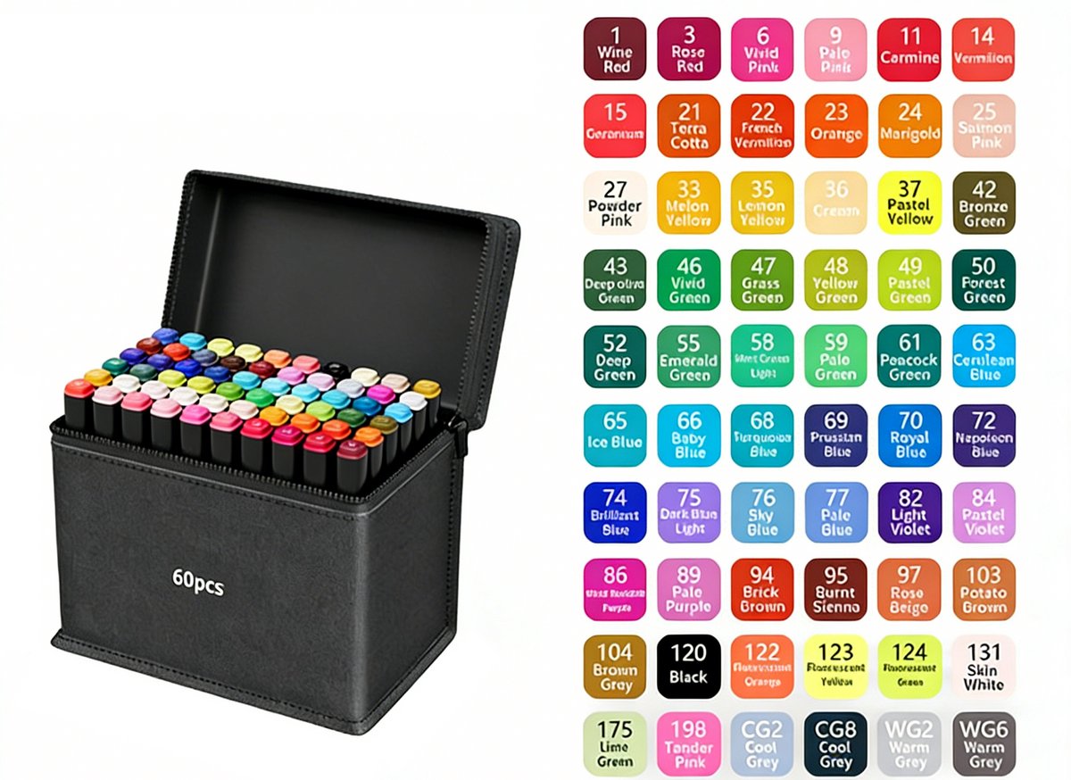 Kraftverdia 60 Kleuren Dubbelzijdige Markers – Superheldere Tekenmarkers voor Kinderen & Volwassenen – Inclusief Handige Opbergdoos – Perfect voor Kleurplaten, Schilderen en Creatief Tekenen
